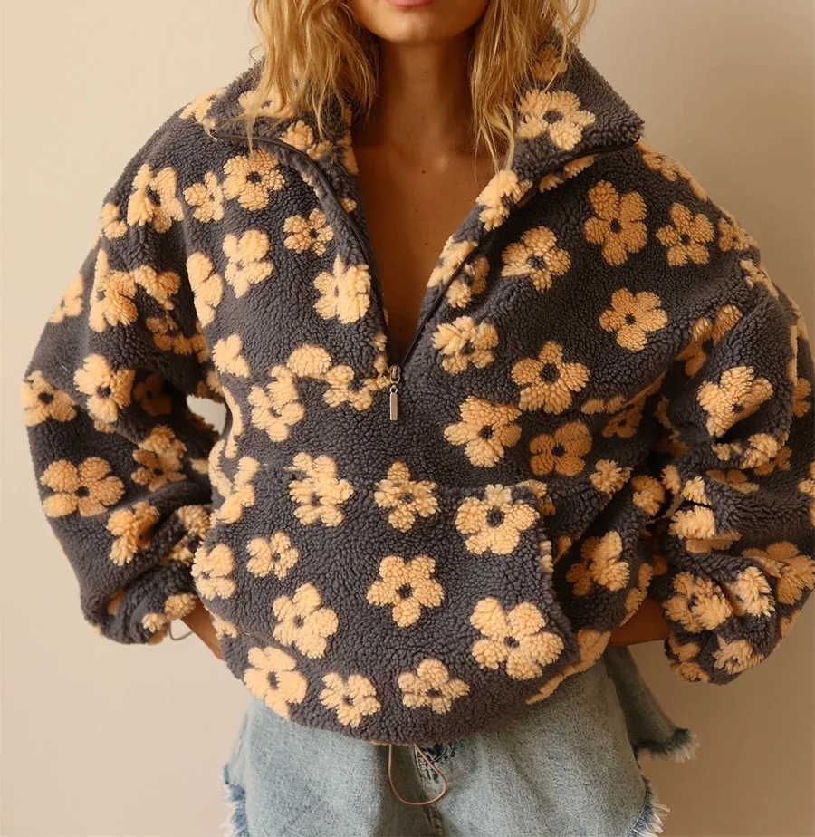 Fashion Plush Sweatshirt Autumn Winter New Warm Stand-up Collar Zipper Long Sleeved Big Pocket Floral Pullover Loose Casual Top
