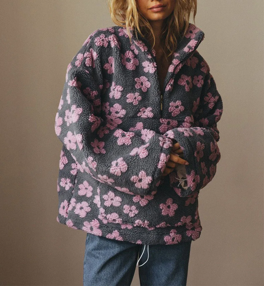 Fashion Plush Sweatshirt Autumn Winter New Warm Stand-up Collar Zipper Long Sleeved Big Pocket Floral Pullover Loose Casual Top