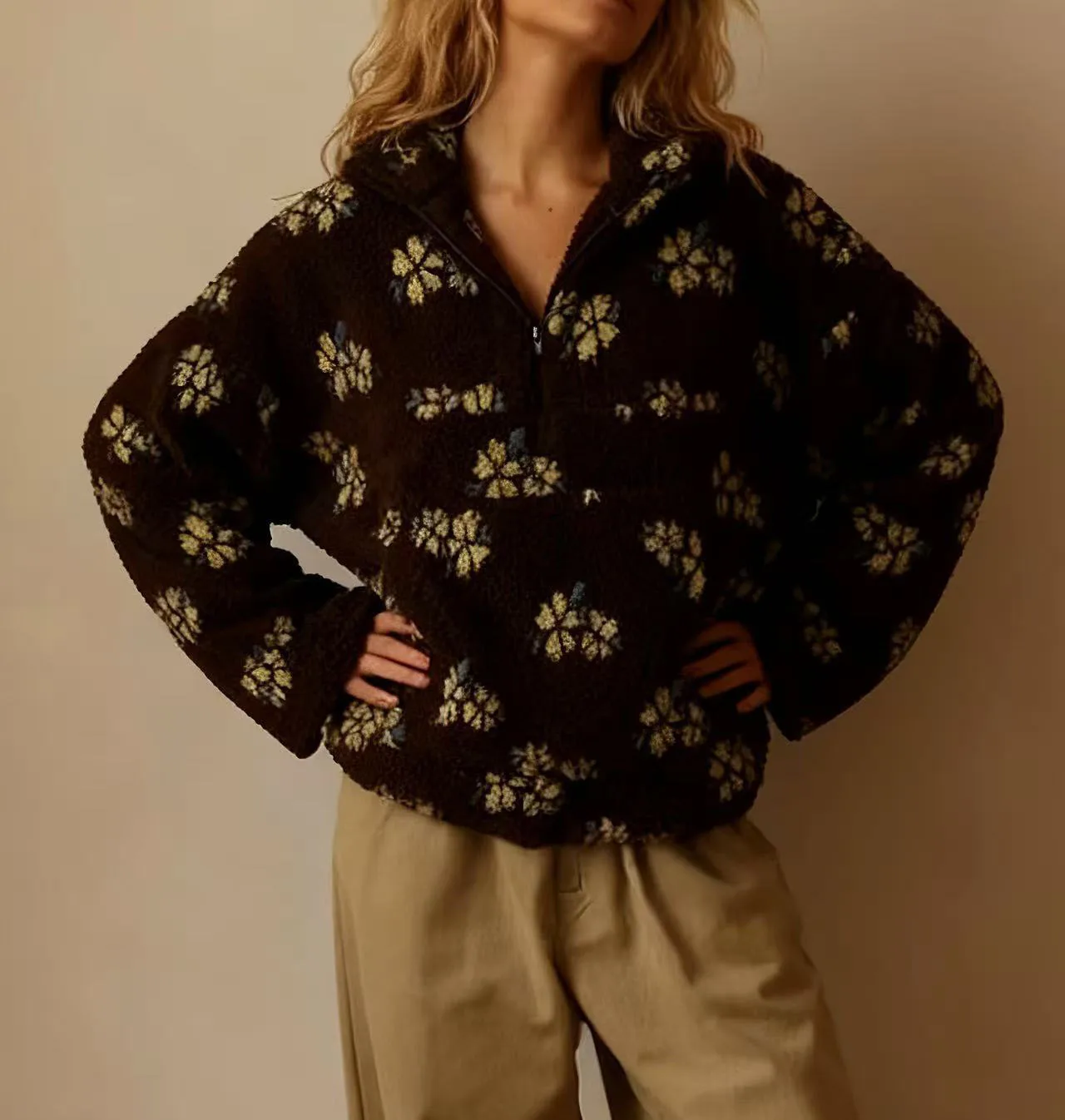Fashion Plush Sweatshirt Autumn Winter New Warm Stand-up Collar Zipper Long Sleeved Big Pocket Floral Pullover Loose Casual Top