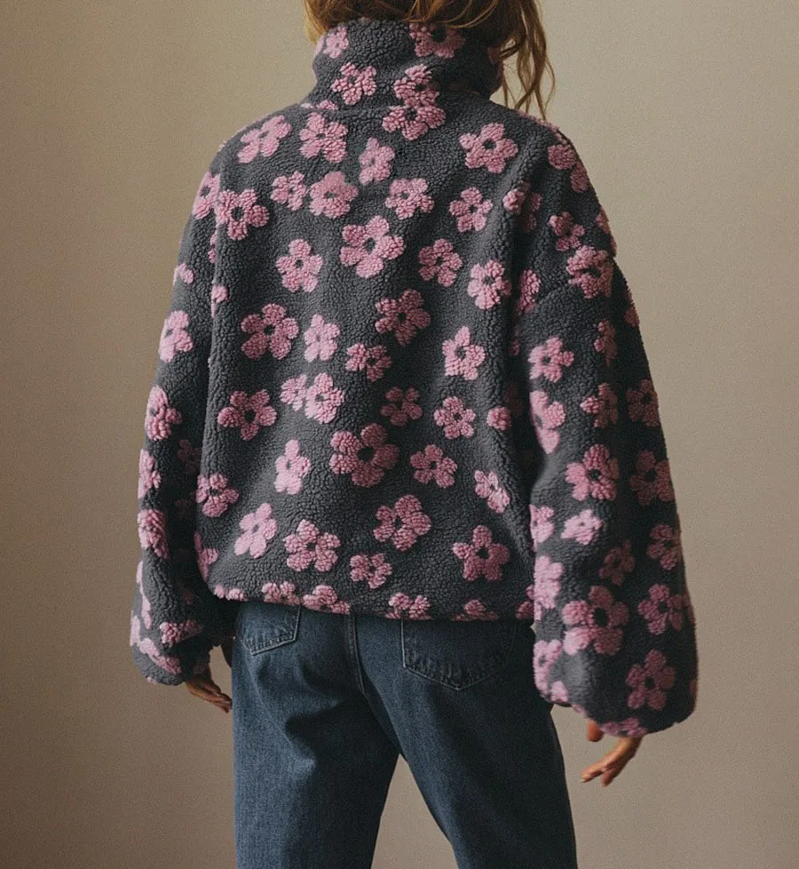 Fashion Plush Sweatshirt Autumn Winter New Warm Stand-up Collar Zipper Long Sleeved Big Pocket Floral Pullover Loose Casual Top