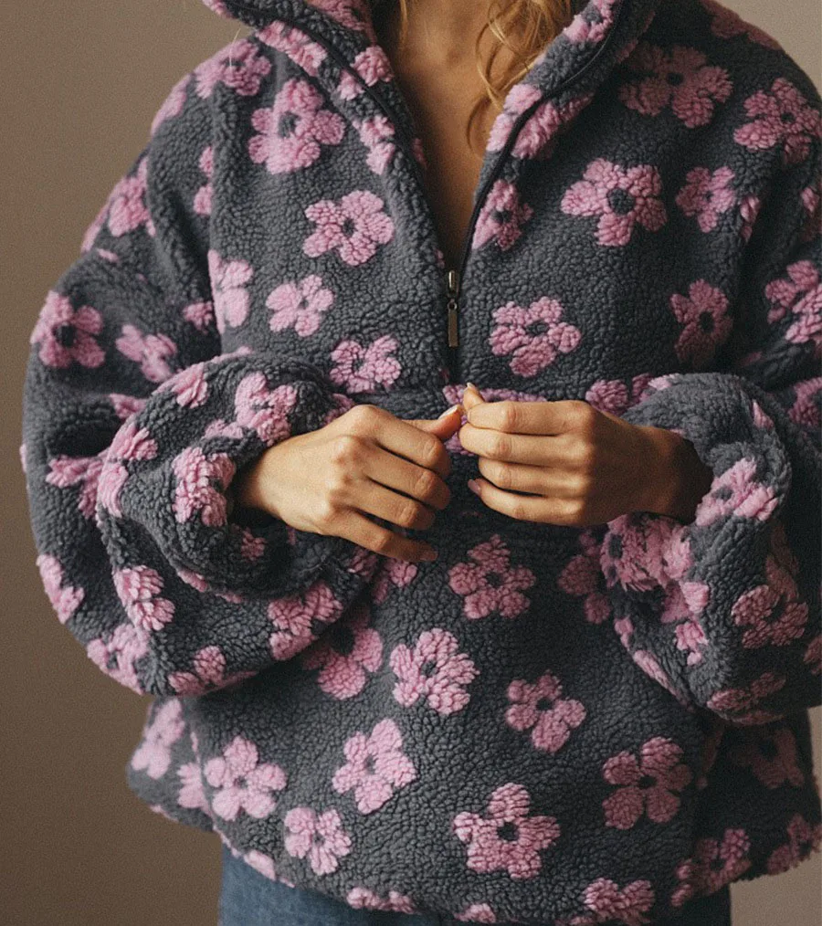 Fashion Plush Sweatshirt Autumn Winter New Warm Stand-up Collar Zipper Long Sleeved Big Pocket Floral Pullover Loose Casual Top