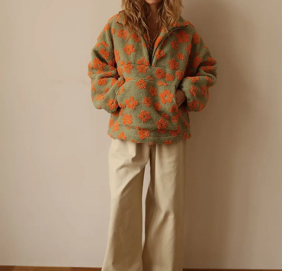 Fashion Plush Sweatshirt Autumn Winter New Warm Stand-up Collar Zipper Long Sleeved Big Pocket Floral Pullover Loose Casual Top