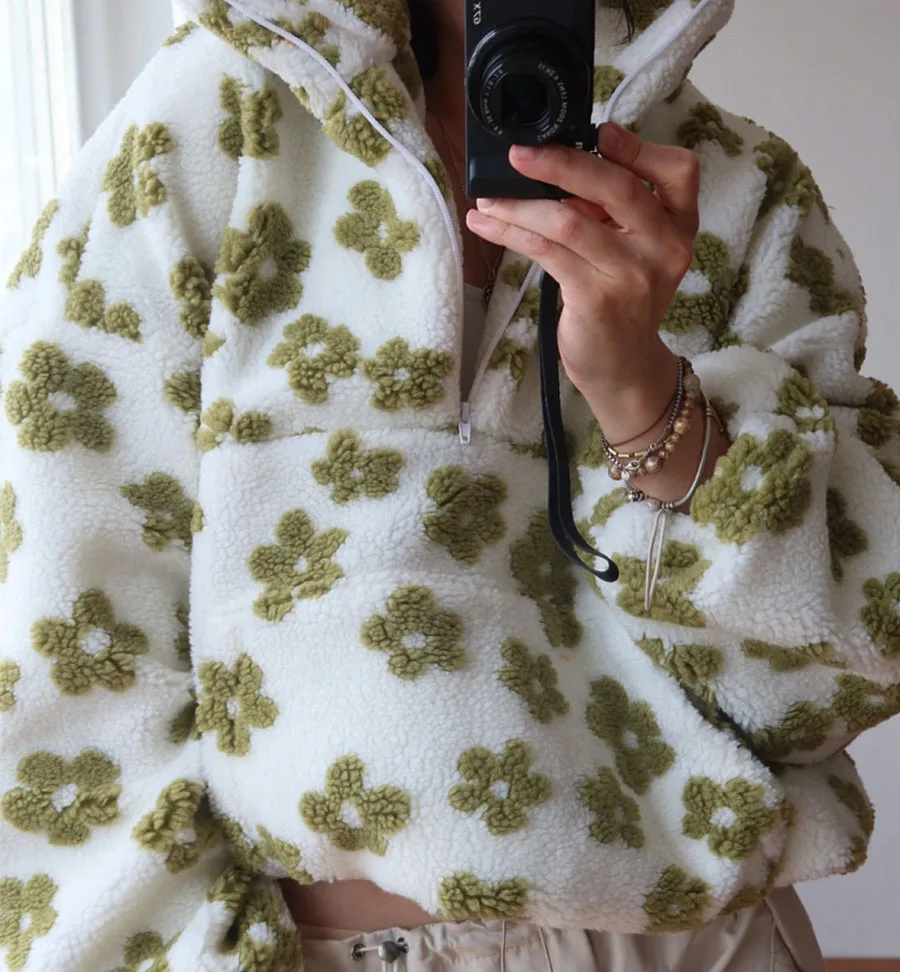 Fashion Plush Sweatshirt Autumn Winter New Warm Stand-up Collar Zipper Long Sleeved Big Pocket Floral Pullover Loose Casual Top
