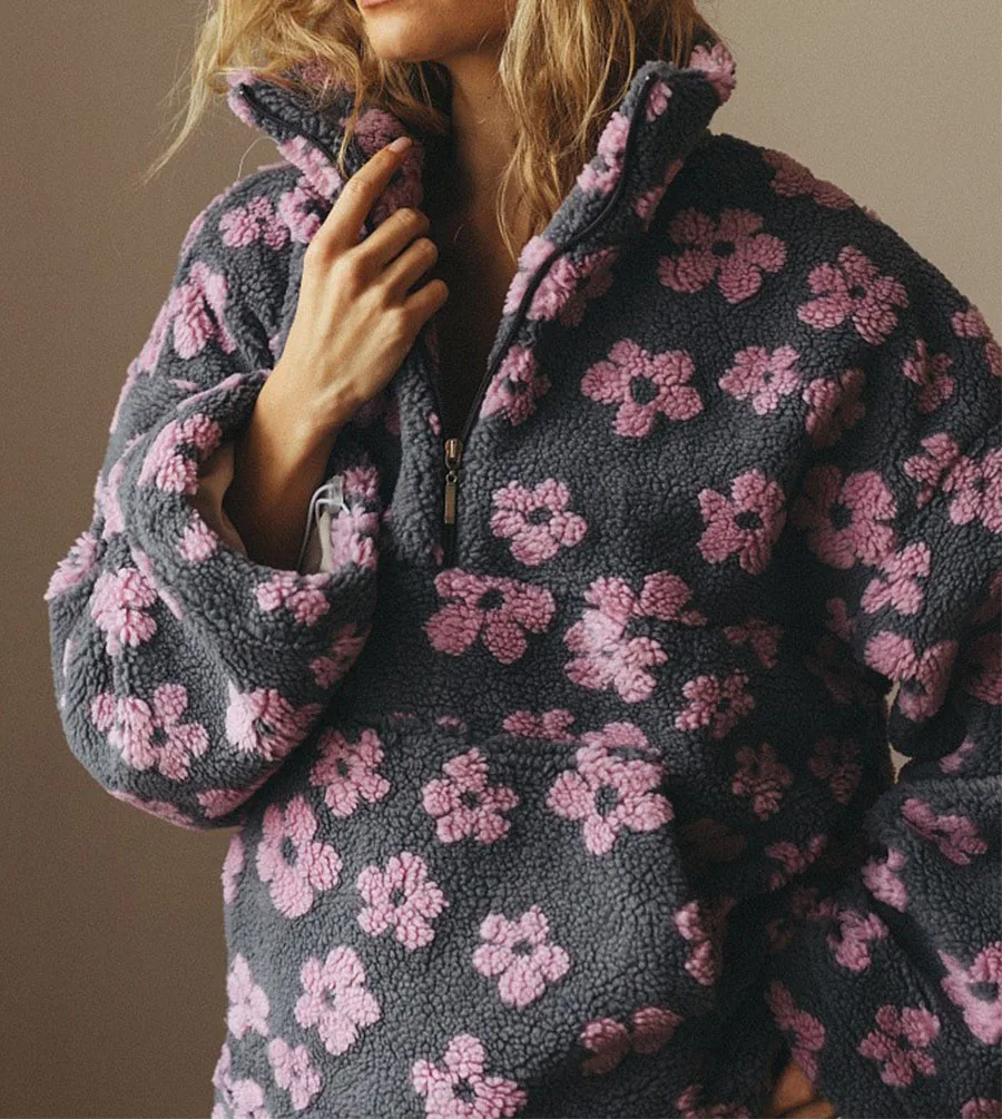 Fashion Plush Sweatshirt Autumn Winter New Warm Stand-up Collar Zipper Long Sleeved Big Pocket Floral Pullover Loose Casual Top