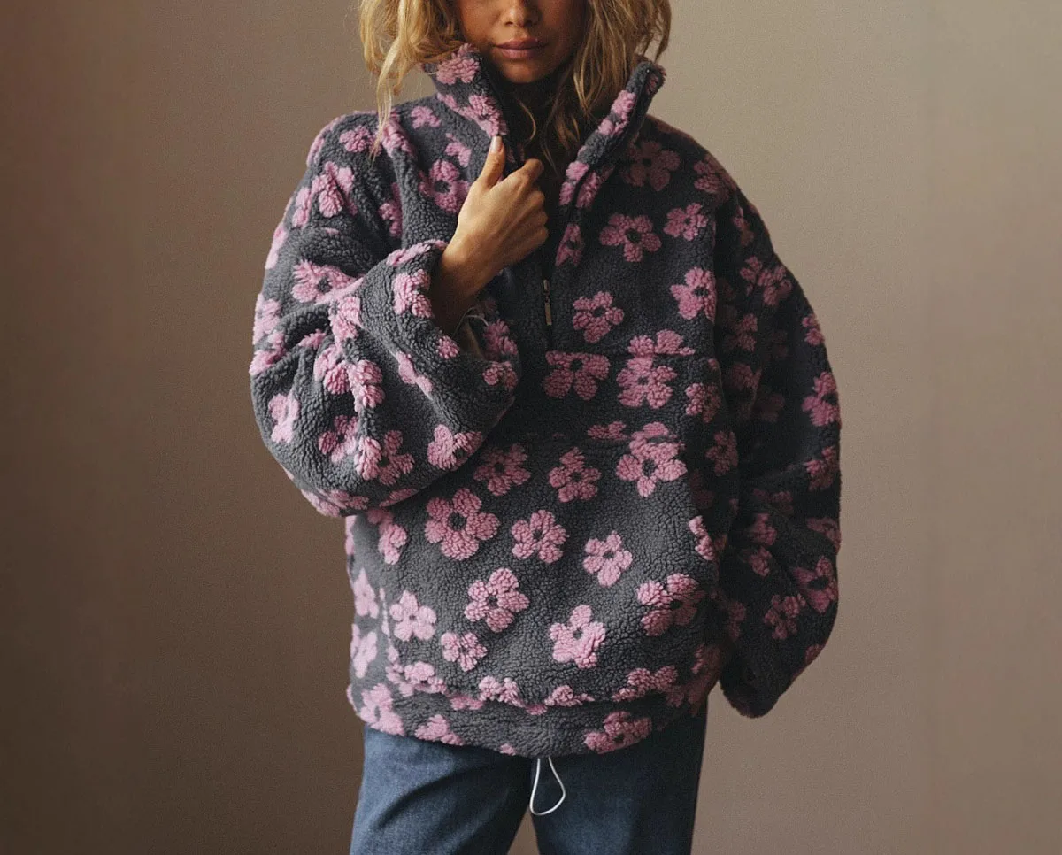 Fashion Plush Sweatshirt Autumn Winter New Warm Stand-up Collar Zipper Long Sleeved Big Pocket Floral Pullover Loose Casual Top