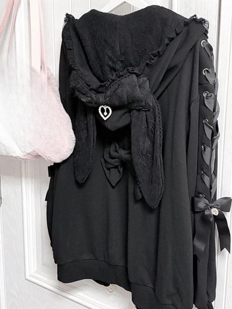 Y2k Aesthetic Casual Loose Zipper Sweatshirts Japanese Vintage Rabbit's Ears Hoodies Women Harajuku Grunge Lace Patchwork Hoody