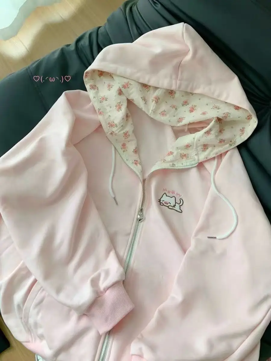 Y2k Aesthetic Casual Loose Zipper Sweatshirts Japanese Vintage Rabbit's Ears Hoodies Women Harajuku Grunge Lace Patchwork Hoody