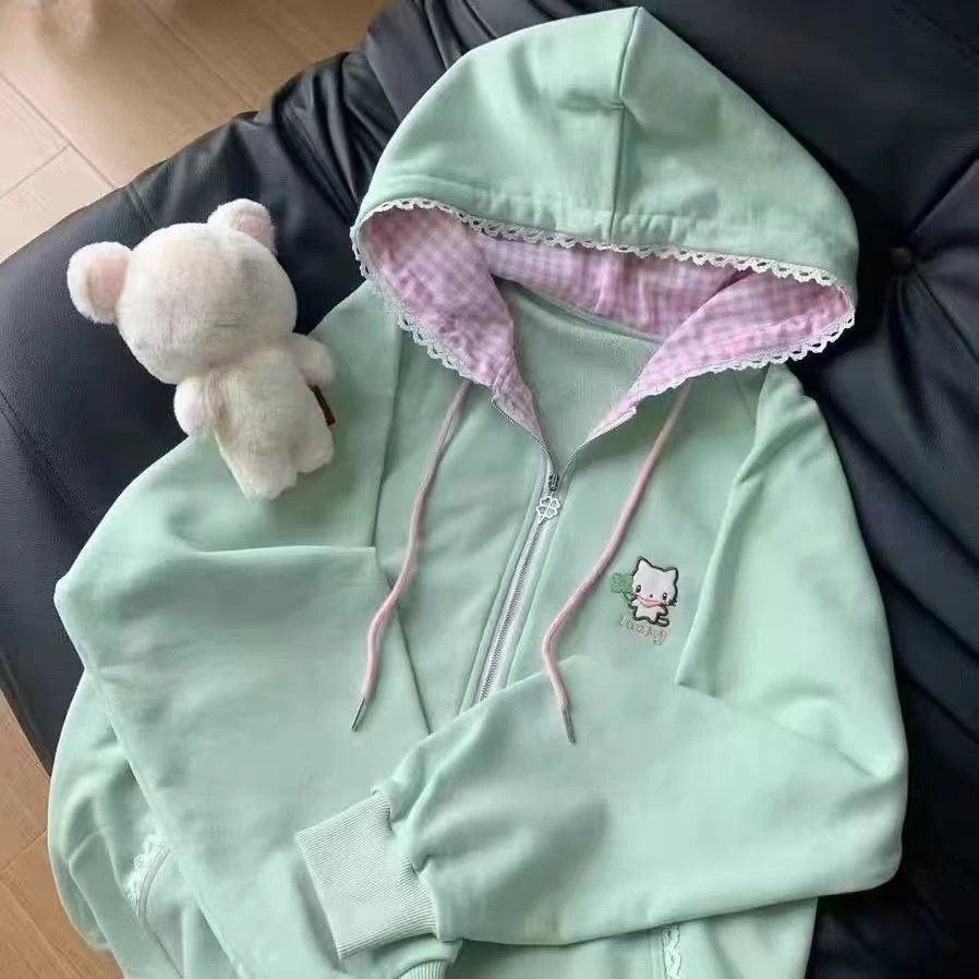 Y2k Aesthetic Casual Loose Zipper Sweatshirts Japanese Vintage Rabbit's Ears Hoodies Women Harajuku Grunge Lace Patchwork Hoody
