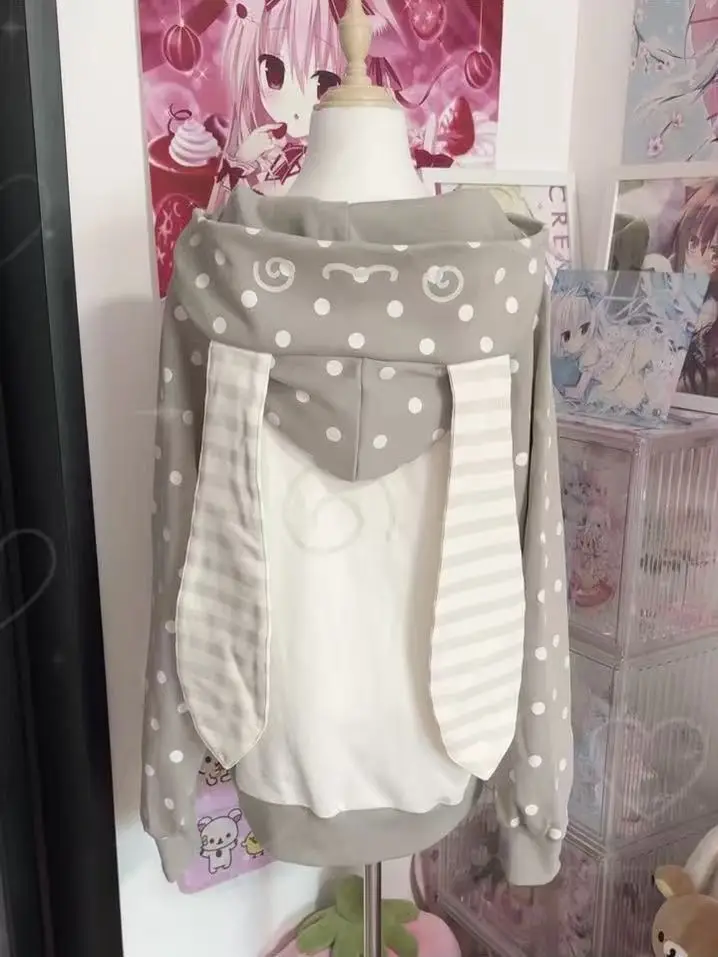 Y2k Aesthetic Casual Loose Zipper Sweatshirts Japanese Vintage Rabbit's Ears Hoodies Women Harajuku Grunge Lace Patchwork Hoody