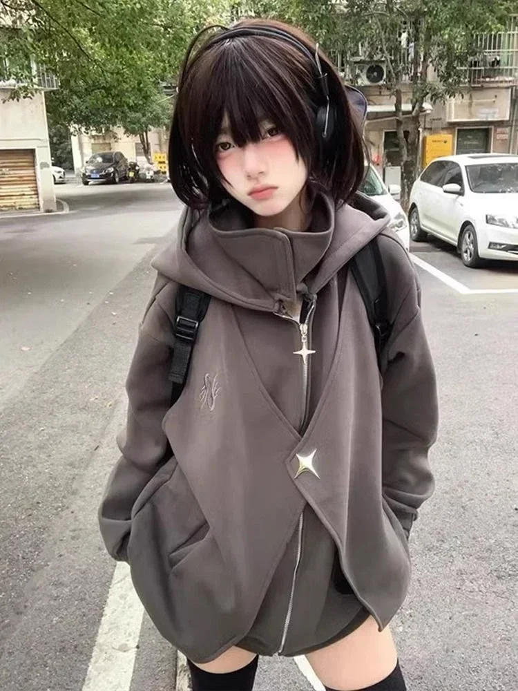 Zipper Sweatshirts Casual Streetwear Grunge Jacket Y2k Stand Neck Subculture Harajuku Vintage Coats with Hooded Women Loose