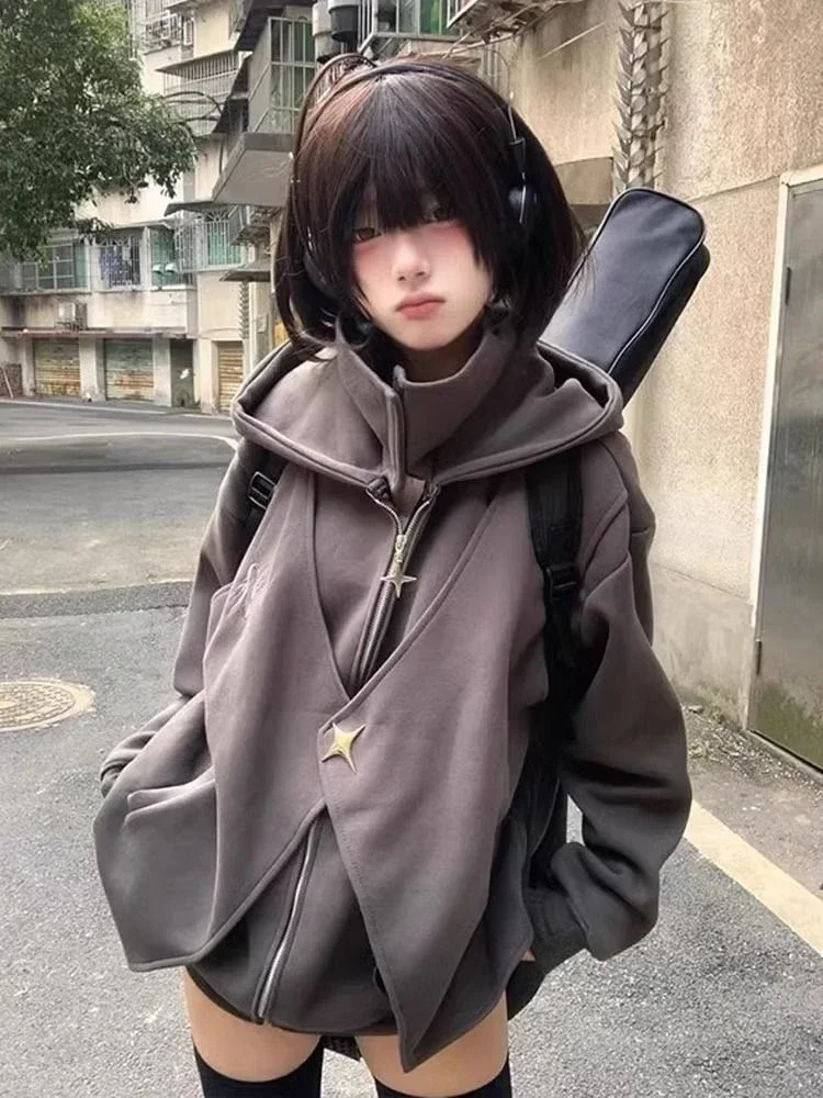 Zipper Sweatshirts Casual Streetwear Grunge Jacket Y2k Stand Neck Subculture Harajuku Vintage Coats with Hooded Women Loose