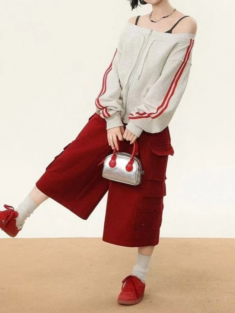 Harajuku Sports Streetwear Classic Tops Fashion Clothing Women Y2K Chic Straight Shoulder Sweatshirts Long Sleeve Jackets Coat