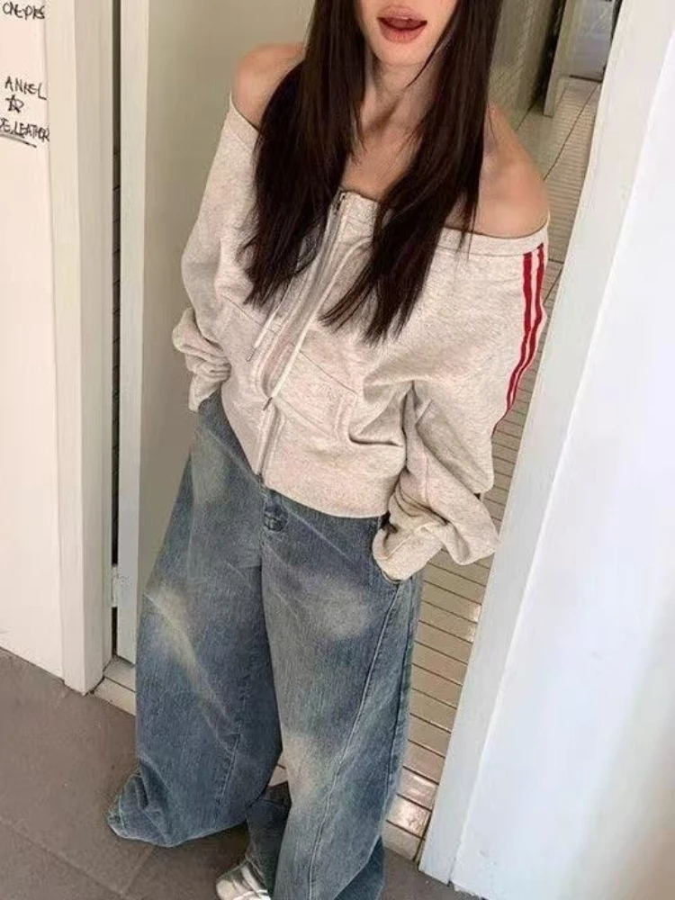 Harajuku Sports Streetwear Classic Tops Fashion Clothing Women Y2K Chic Straight Shoulder Sweatshirts Long Sleeve Jackets Coat