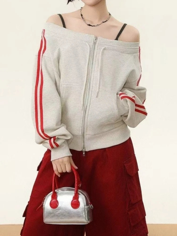 Harajuku Sports Streetwear Classic Tops Fashion Clothing Women Y2K Chic Straight Shoulder Sweatshirts Long Sleeve Jackets Coat