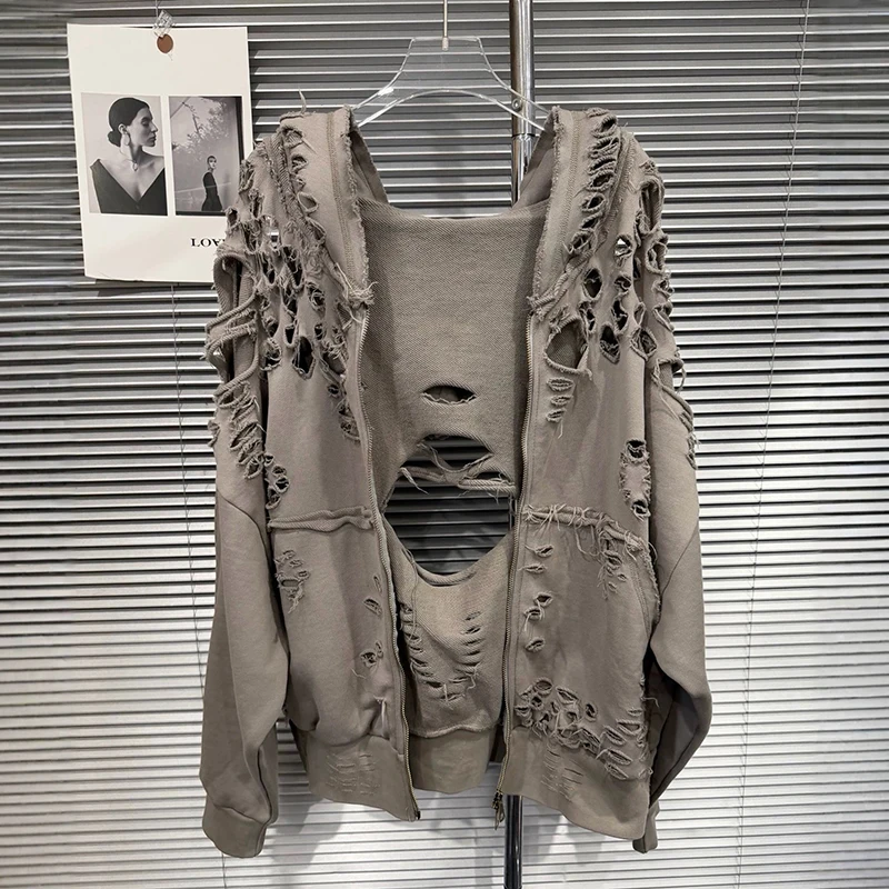 KUCLUT 2026 Early Autumn New Collection Distressed Zipper Hoodie Jacket For Women Loose Casual Hollow Out Sweatshirt 1A4188