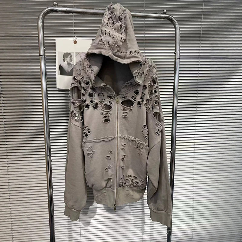 KUCLUT 2026 Early Autumn New Collection Distressed Zipper Hoodie Jacket For Women Loose Casual Hollow Out Sweatshirt 1A4188