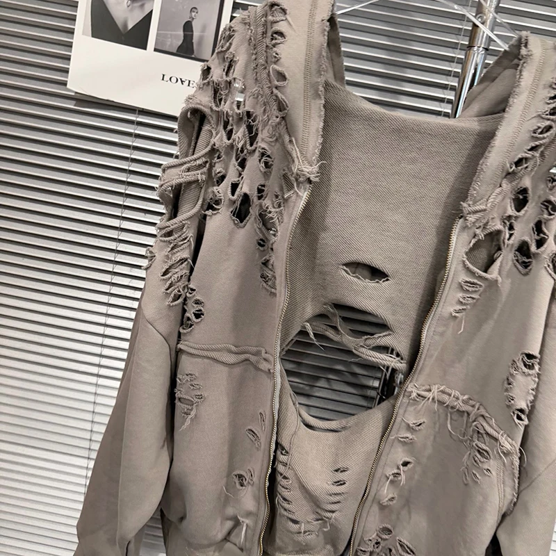 KUCLUT 2026 Early Autumn New Collection Distressed Zipper Hoodie Jacket For Women Loose Casual Hollow Out Sweatshirt 1A4188
