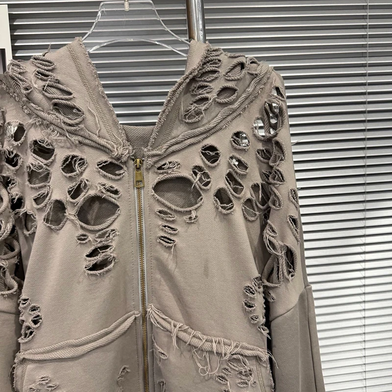 KUCLUT 2026 Early Autumn New Collection Distressed Zipper Hoodie Jacket For Women Loose Casual Hollow Out Sweatshirt 1A4188