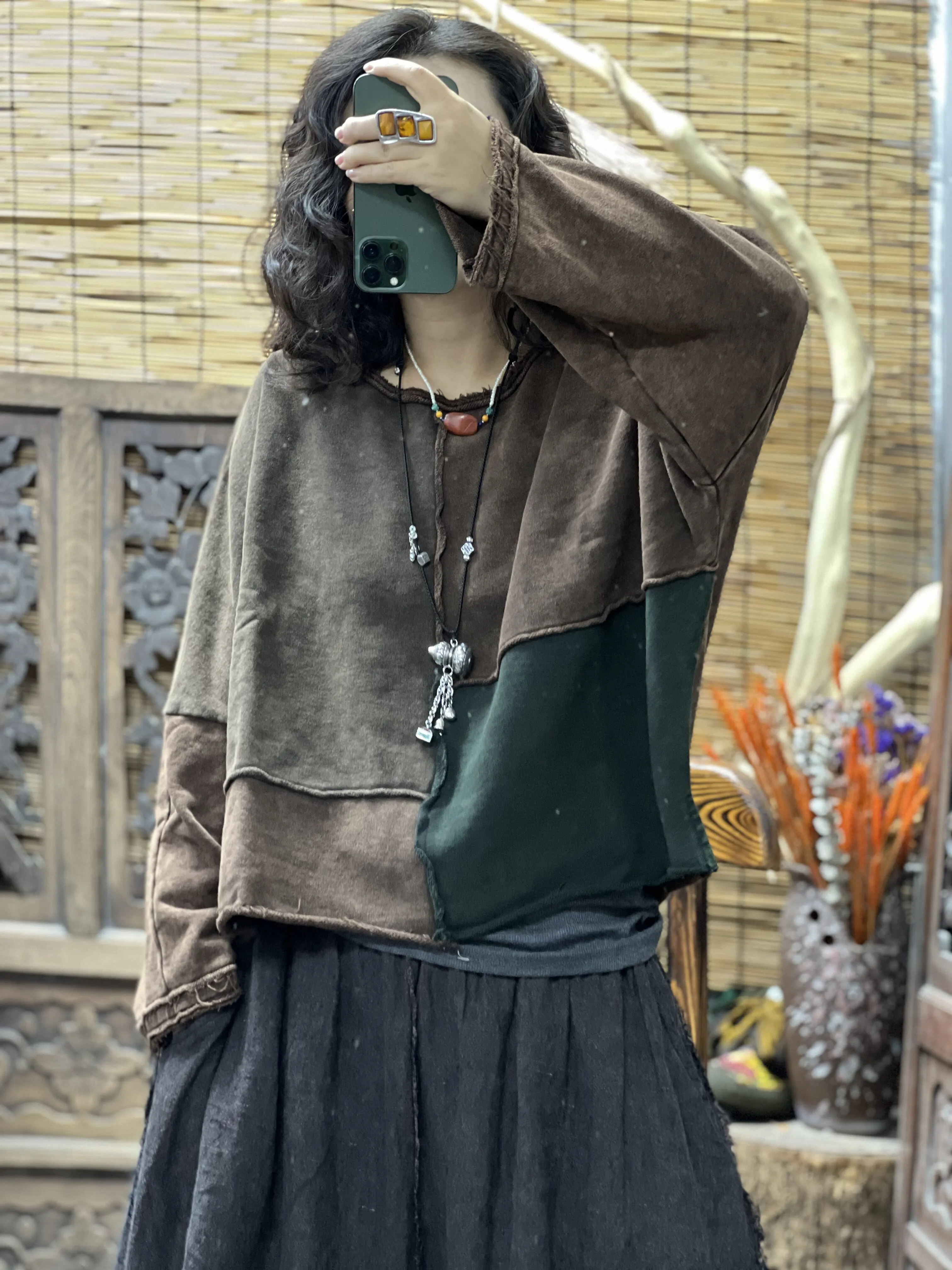 2026 Autumn New Arts Style Women Long Sleeve O-neck Loose Short Pullovers All-matched Casual Vintage Patchwork Cotton Hoodies