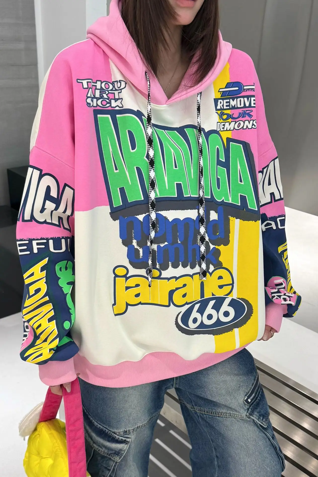Vintage Graffiti Letter Print Oversized Hooded Sweatshirts Woman American 2026 Autumn Casual Loose Pullover Tops Bust138cm
