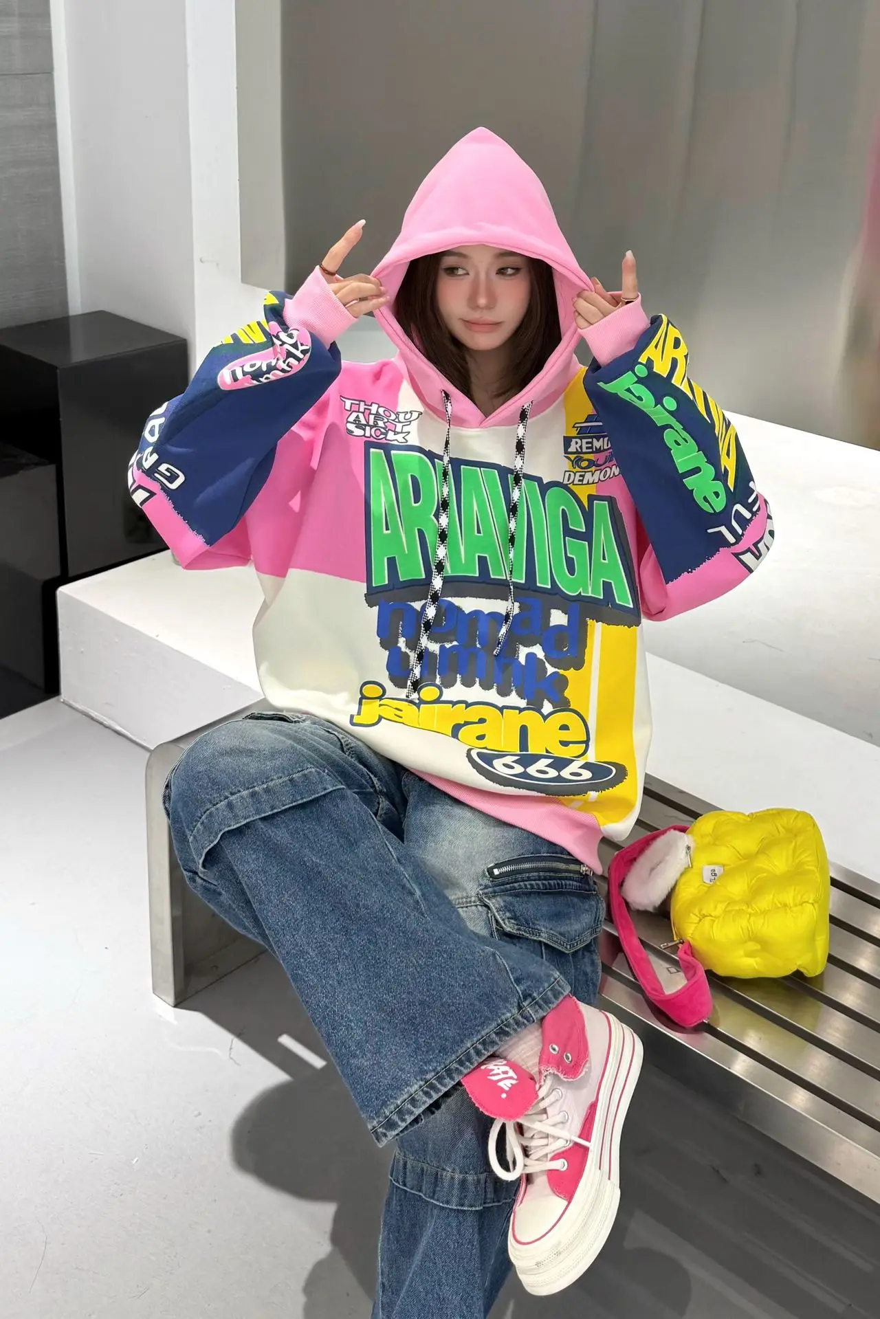 Vintage Graffiti Letter Print Oversized Hooded Sweatshirts Woman American 2026 Autumn Casual Loose Pullover Tops Bust138cm