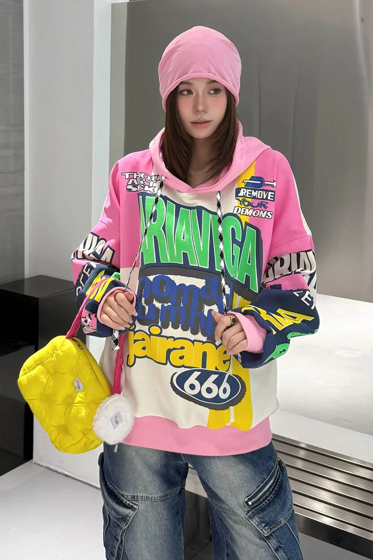Vintage Graffiti Letter Print Oversized Hooded Sweatshirts Woman American 2026 Autumn Casual Loose Pullover Tops Bust138cm