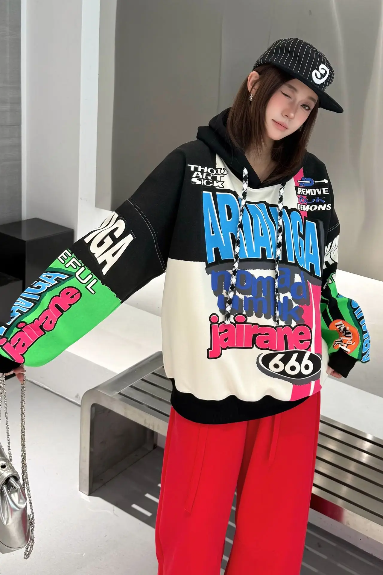 Vintage Graffiti Letter Print Oversized Hooded Sweatshirts Woman American 2026 Autumn Casual Loose Pullover Tops Bust138cm