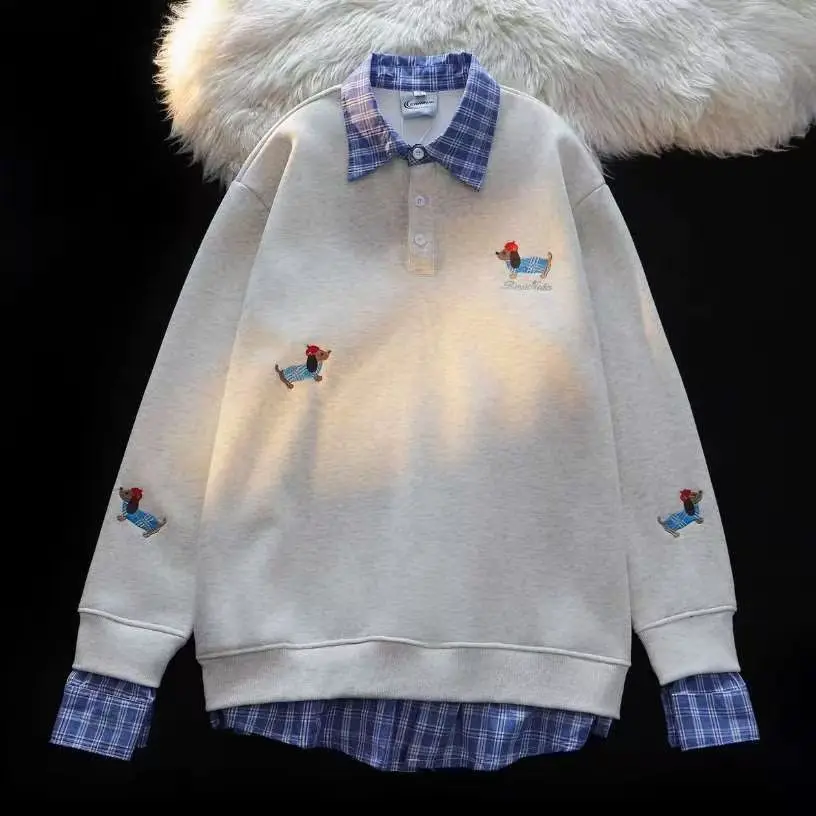 American Vintage Dog Embroidery Plaid Splicing Fake Two Piece Hoodie Men Women Loose Casual Couple Korean Streetwear Pullovers
