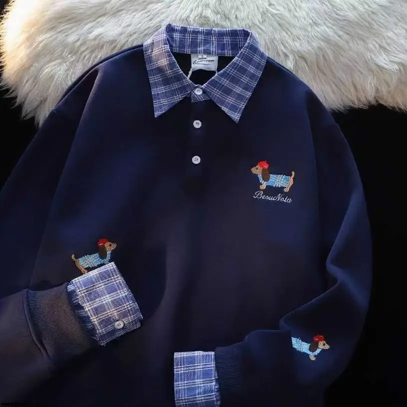 American Vintage Dog Embroidery Plaid Splicing Fake Two Piece Hoodie Men Women Loose Casual Couple Korean Streetwear Pullovers
