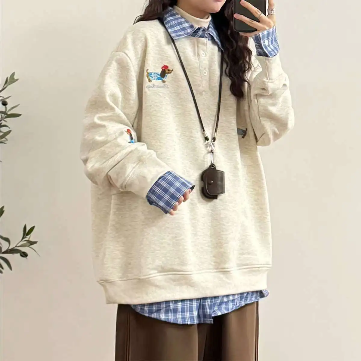 American Vintage Dog Embroidery Plaid Splicing Fake Two Piece Hoodie Men Women Loose Casual Couple Korean Streetwear Pullovers