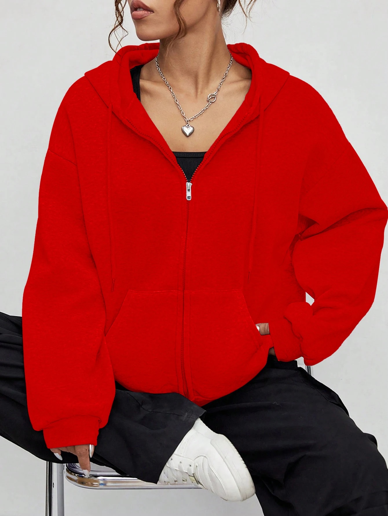 Autumn Fashion Solid Zipper Hoodie Women Warm Fleece Hooded Sweatshirt Casual Street Pocket Sportswear Oversized Female Clothing