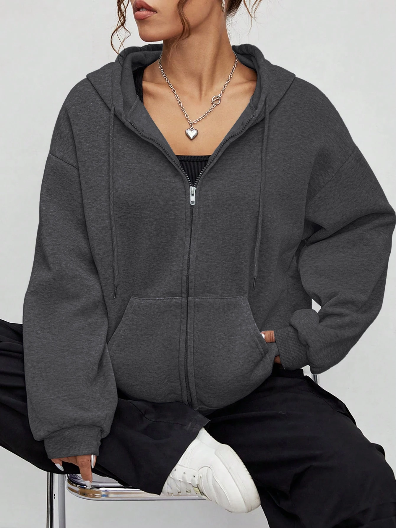 Autumn Fashion Solid Zipper Hoodie Women Warm Fleece Hooded Sweatshirt Casual Street Pocket Sportswear Oversized Female Clothing