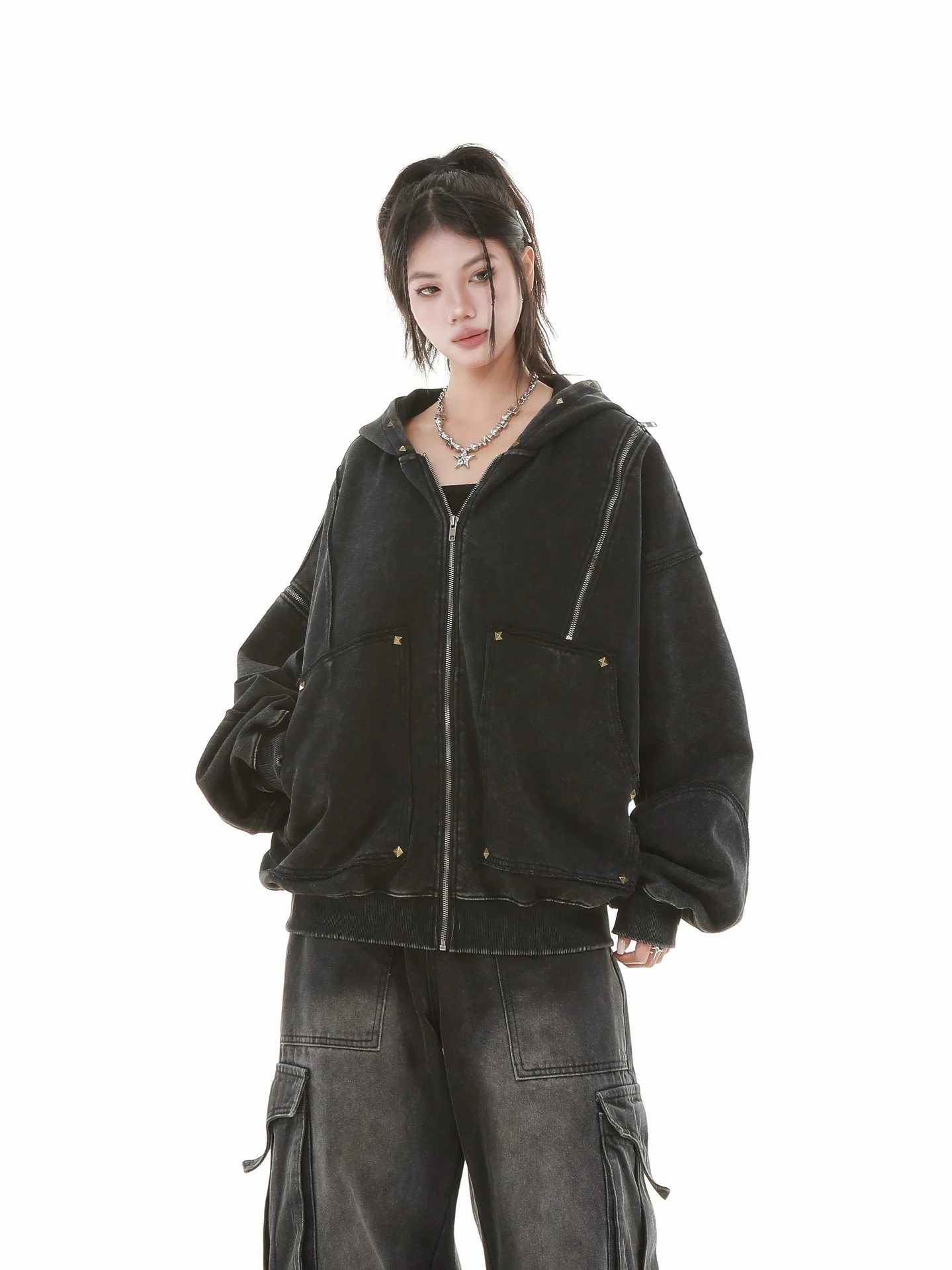 Gothic Women Coats with Hoodies American Y2K Retro Harajuku Washed Rivet Zipper Jacket New Autumn Men Hip-hop Hooded Sweatshirt