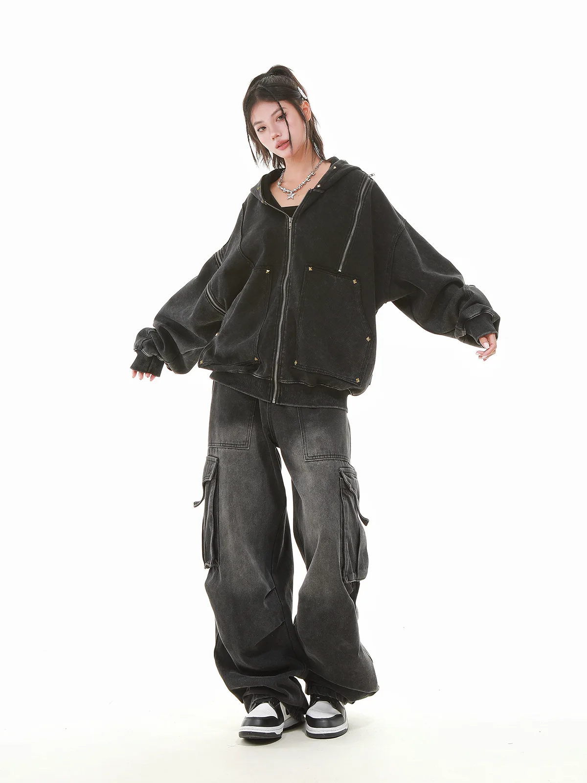 Gothic Women Coats with Hoodies American Y2K Retro Harajuku Washed Rivet Zipper Jacket New Autumn Men Hip-hop Hooded Sweatshirt