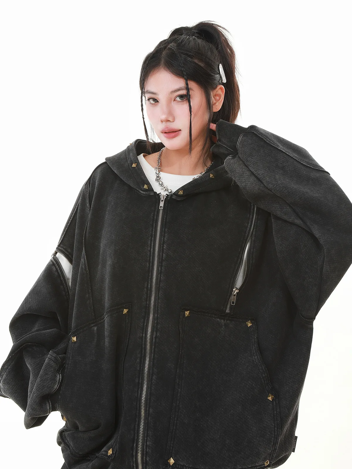 Gothic Women Coats with Hoodies American Y2K Retro Harajuku Washed Rivet Zipper Jacket New Autumn Men Hip-hop Hooded Sweatshirt