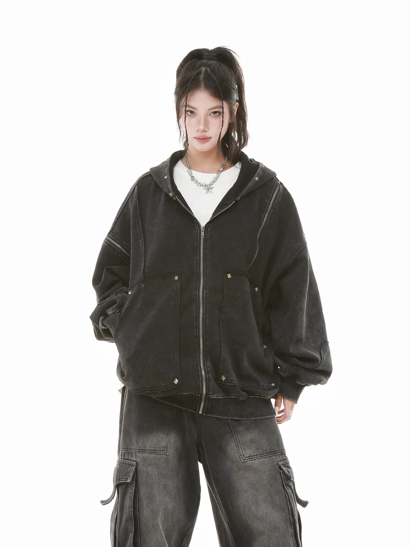 Gothic Women Coats with Hoodies American Y2K Retro Harajuku Washed Rivet Zipper Jacket New Autumn Men Hip-hop Hooded Sweatshirt