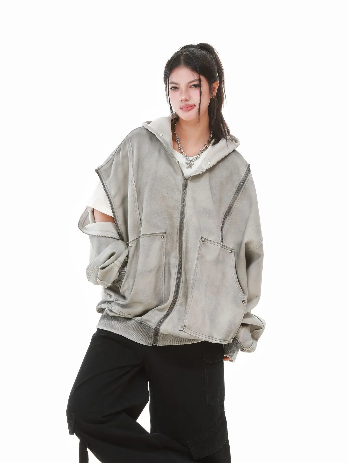 Gothic Women Coats with Hoodies American Y2K Retro Harajuku Washed Rivet Zipper Jacket New Autumn Men Hip-hop Hooded Sweatshirt