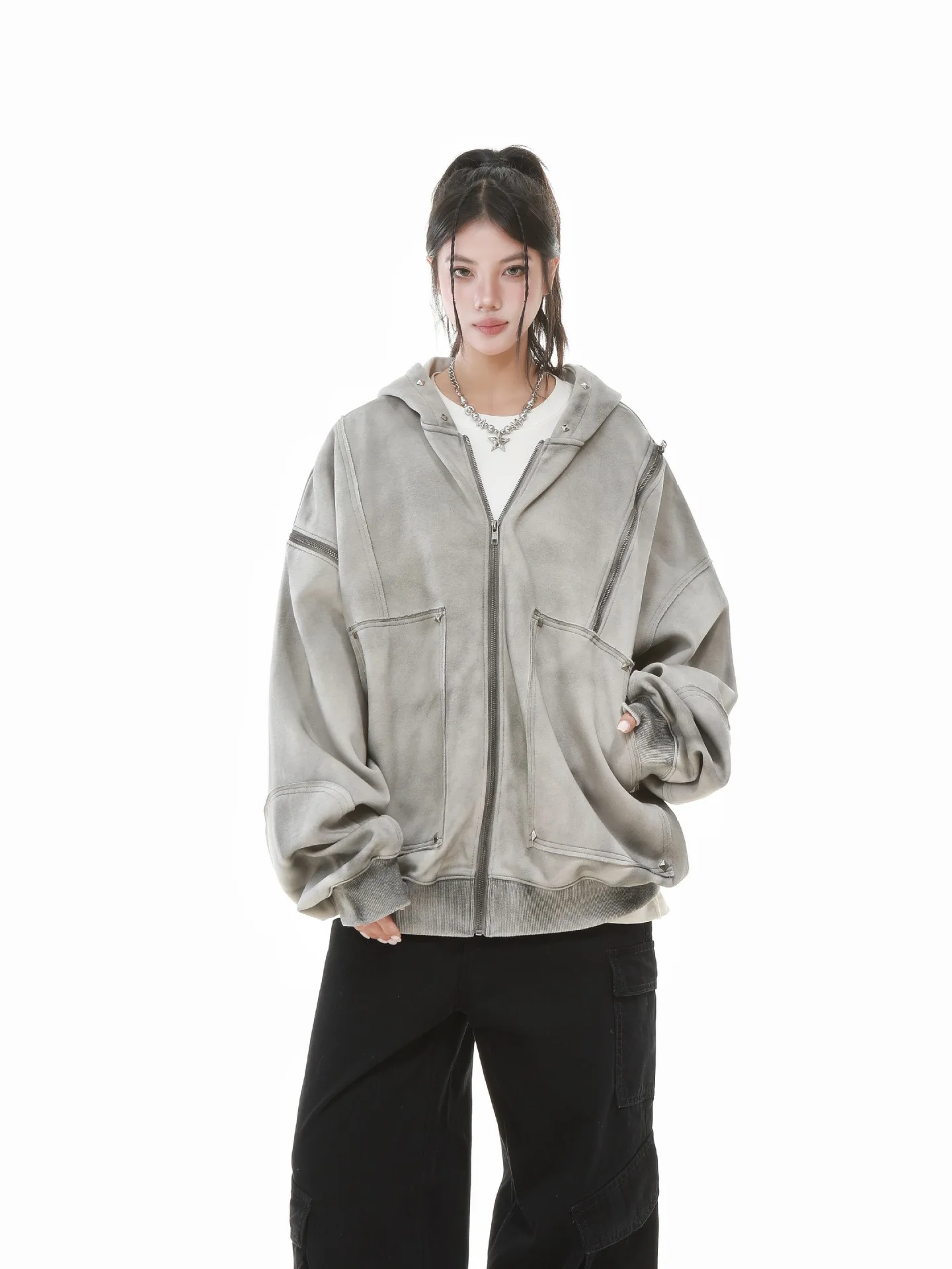 Gothic Women Coats with Hoodies American Y2K Retro Harajuku Washed Rivet Zipper Jacket New Autumn Men Hip-hop Hooded Sweatshirt