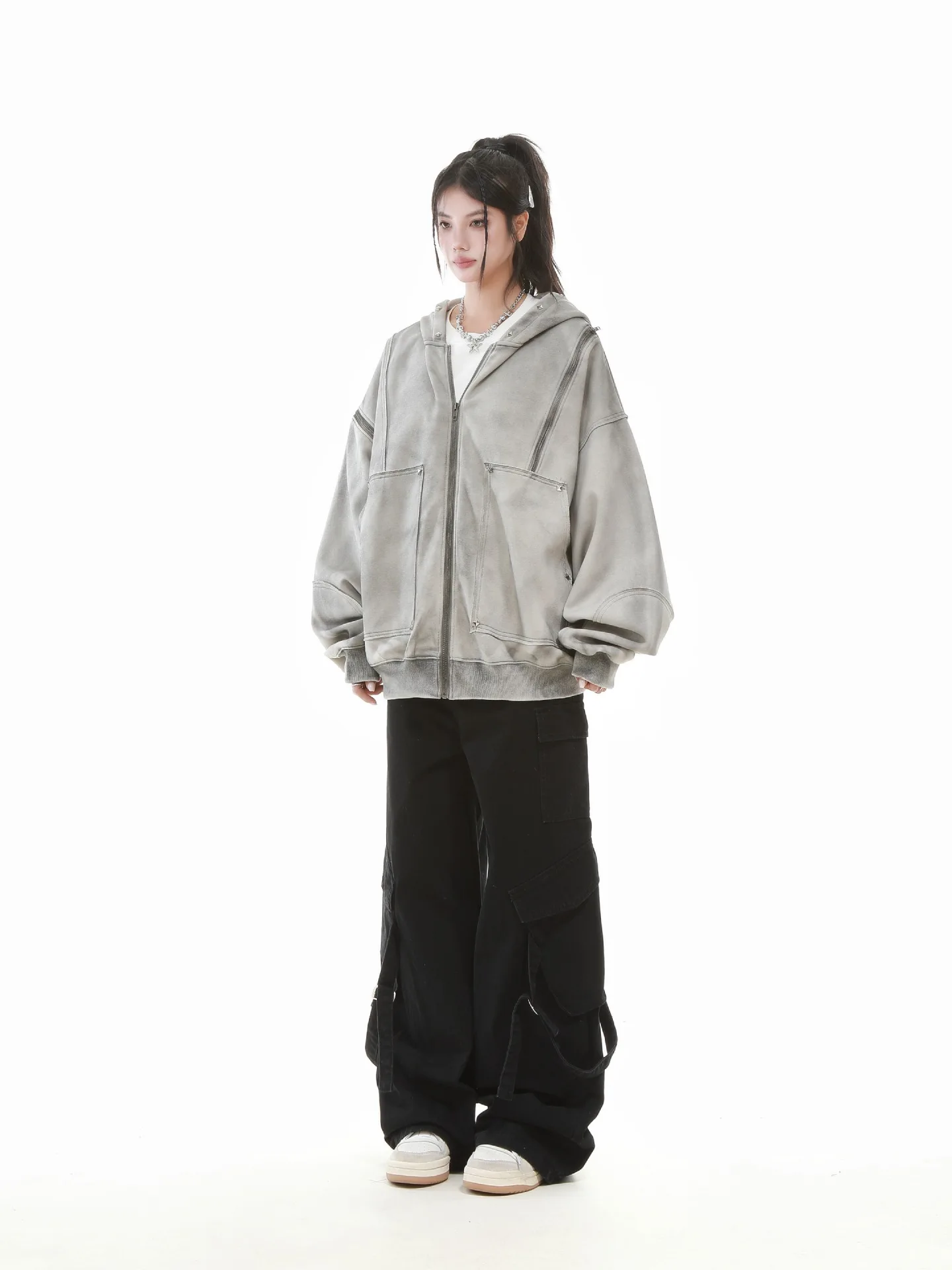 Gothic Women Coats with Hoodies American Y2K Retro Harajuku Washed Rivet Zipper Jacket New Autumn Men Hip-hop Hooded Sweatshirt