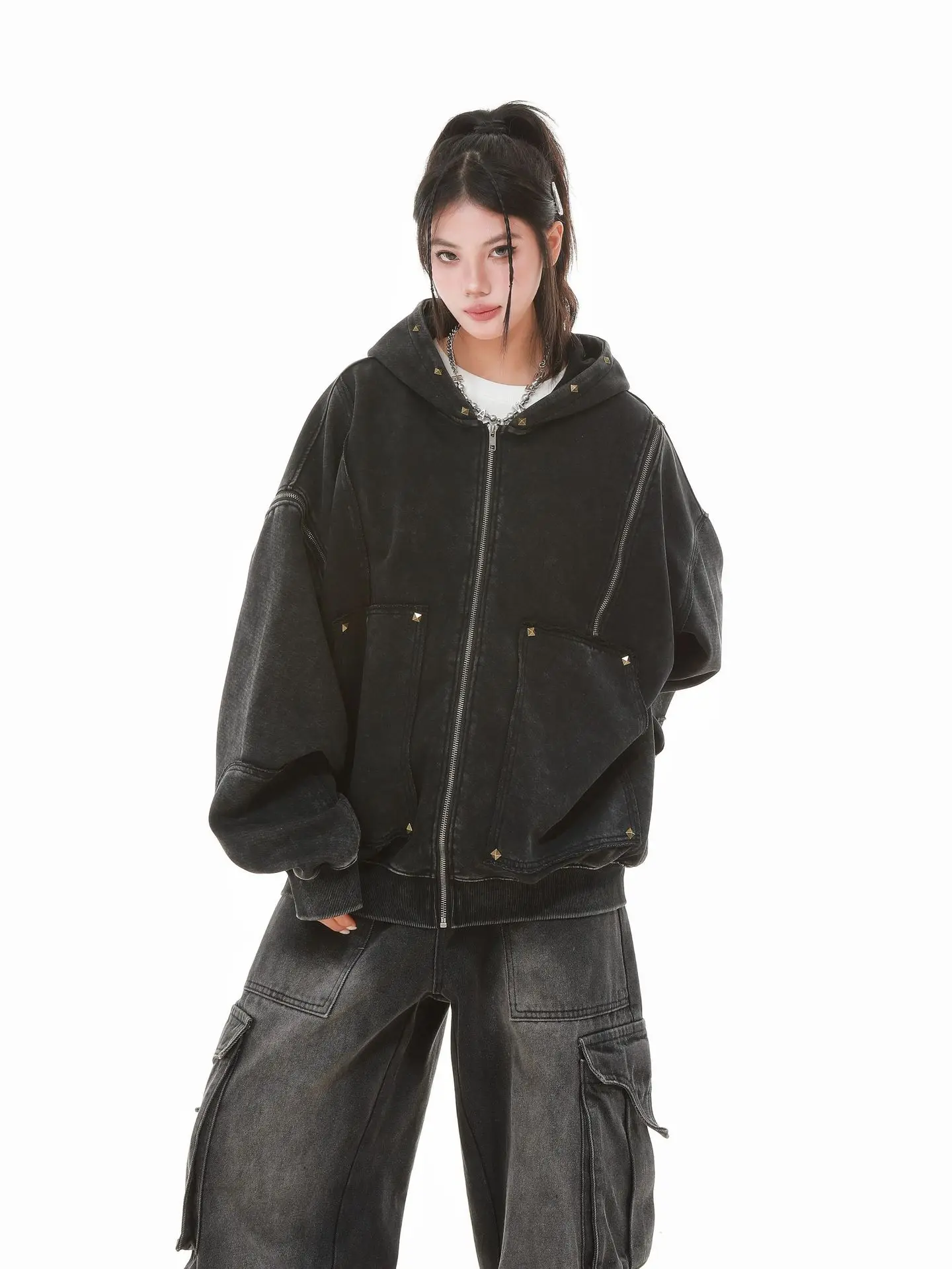 Gothic Women Coats with Hoodies American Y2K Retro Harajuku Washed Rivet Zipper Jacket New Autumn Men Hip-hop Hooded Sweatshirt