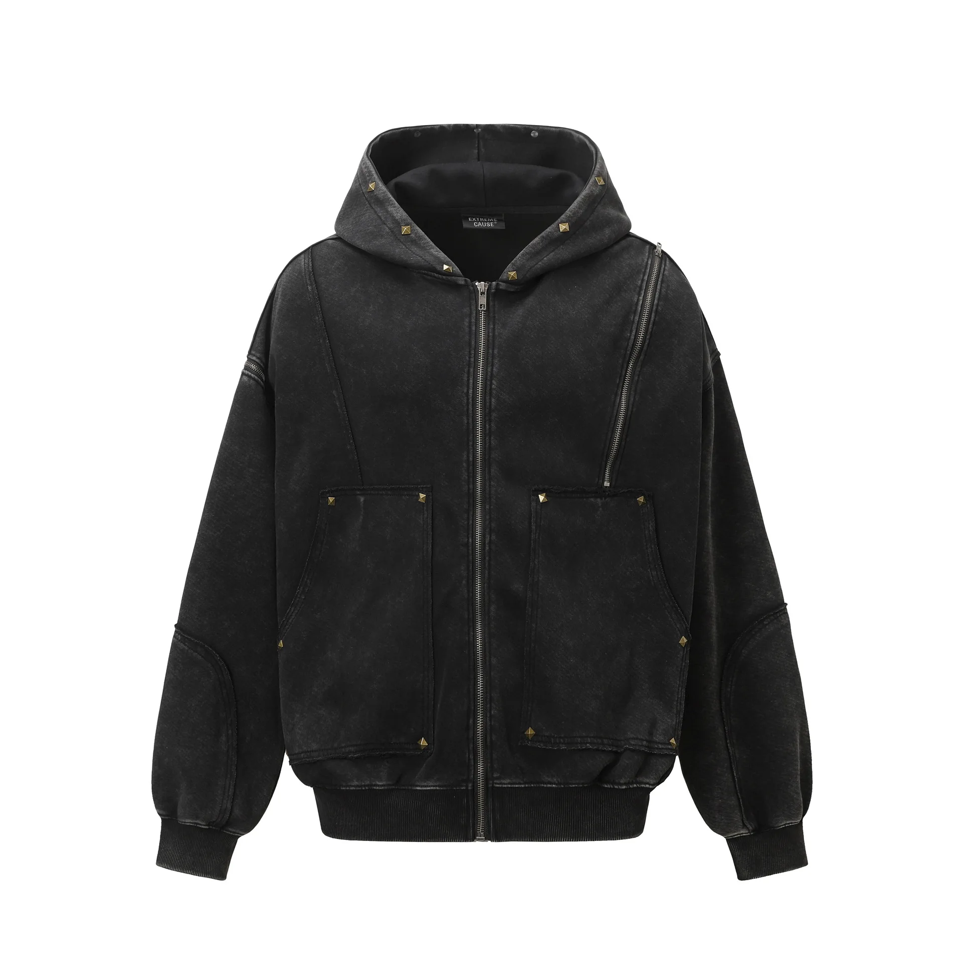 Gothic Women Coats with Hoodies American Y2K Retro Harajuku Washed Rivet Zipper Jacket New Autumn Men Hip-hop Hooded Sweatshirt