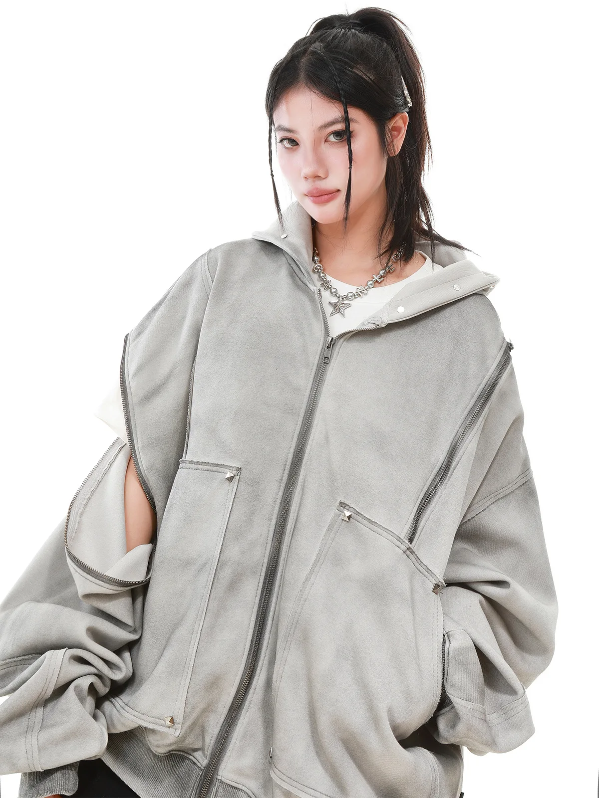 Gothic Women Coats with Hoodies American Y2K Retro Harajuku Washed Rivet Zipper Jacket New Autumn Men Hip-hop Hooded Sweatshirt