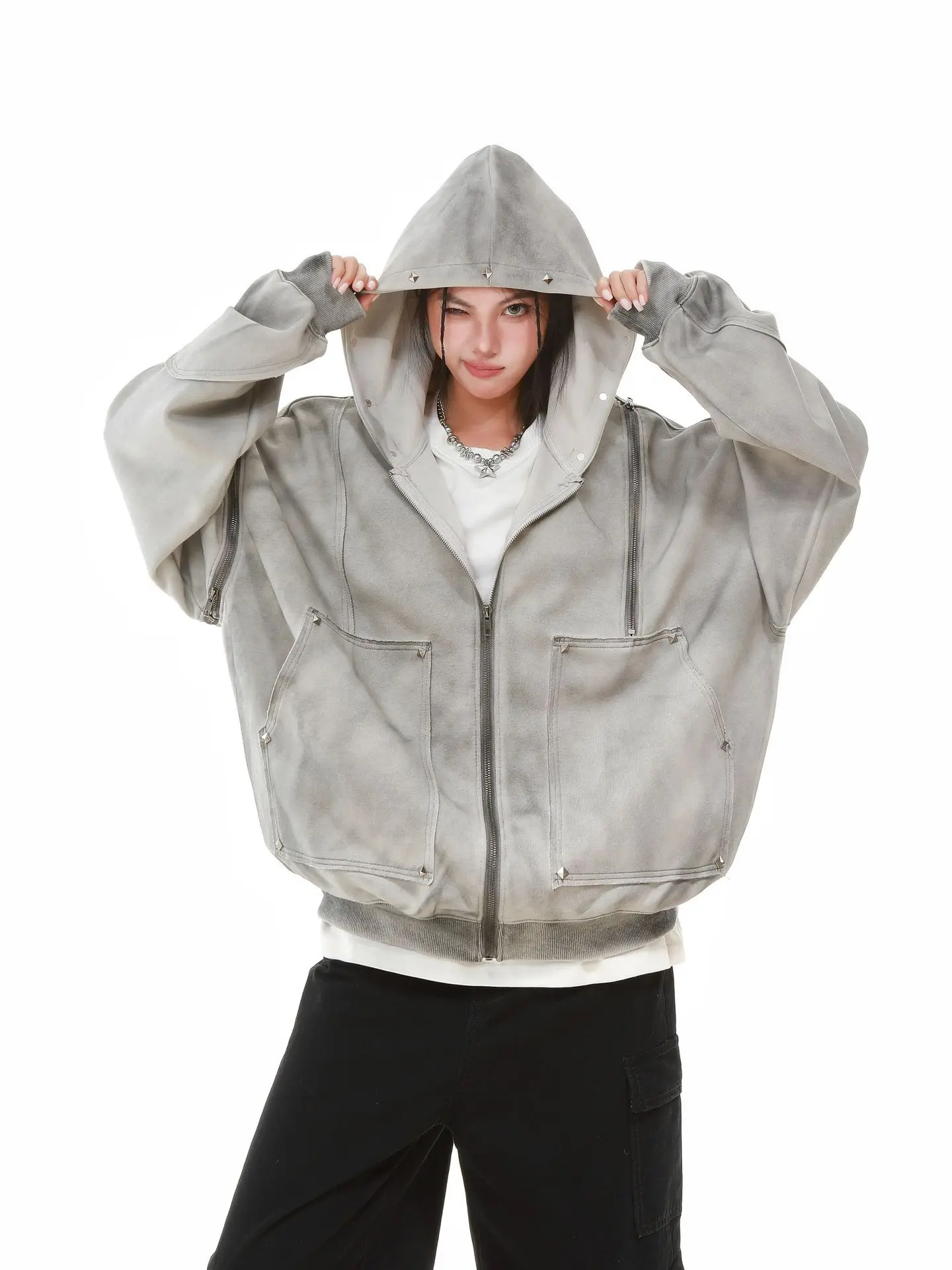 Gothic Women Coats with Hoodies American Y2K Retro Harajuku Washed Rivet Zipper Jacket New Autumn Men Hip-hop Hooded Sweatshirt