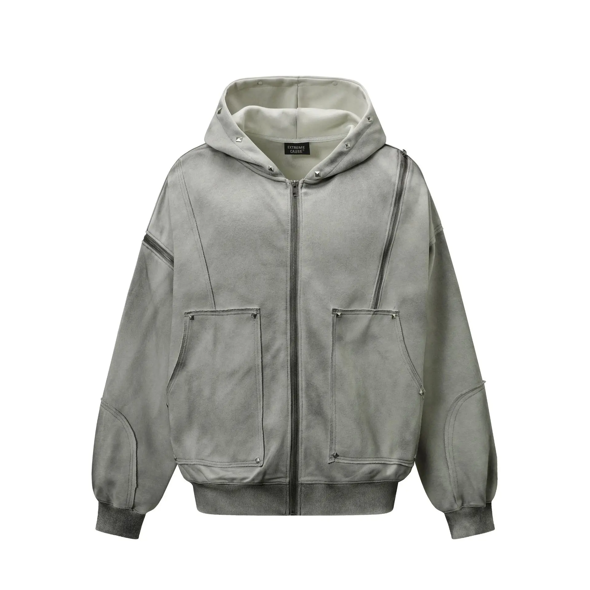 Gothic Women Coats with Hoodies American Y2K Retro Harajuku Washed Rivet Zipper Jacket New Autumn Men Hip-hop Hooded Sweatshirt