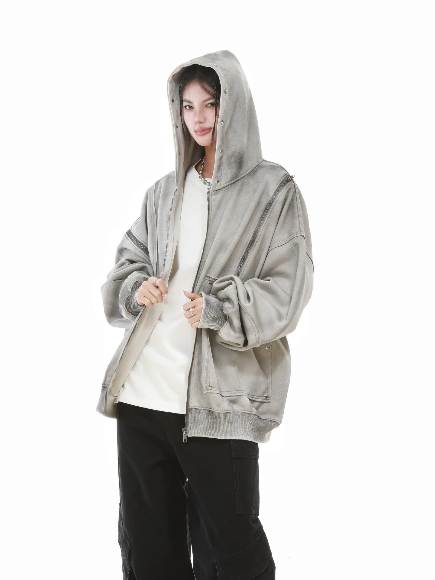 Gothic Women Coats with Hoodies American Y2K Retro Harajuku Washed Rivet Zipper Jacket New Autumn Men Hip-hop Hooded Sweatshirt