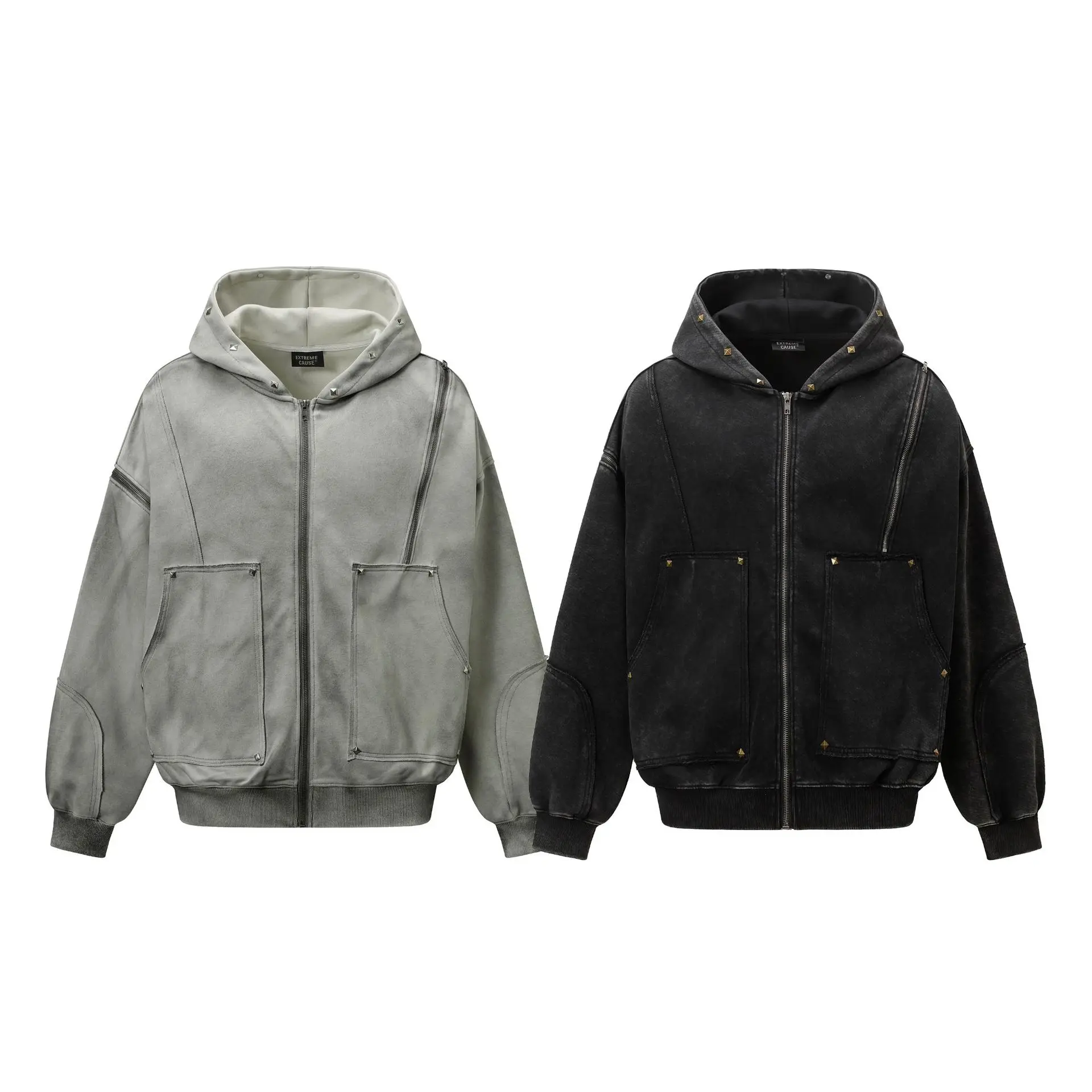 Gothic Women Coats with Hoodies American Y2K Retro Harajuku Washed Rivet Zipper Jacket New Autumn Men Hip-hop Hooded Sweatshirt