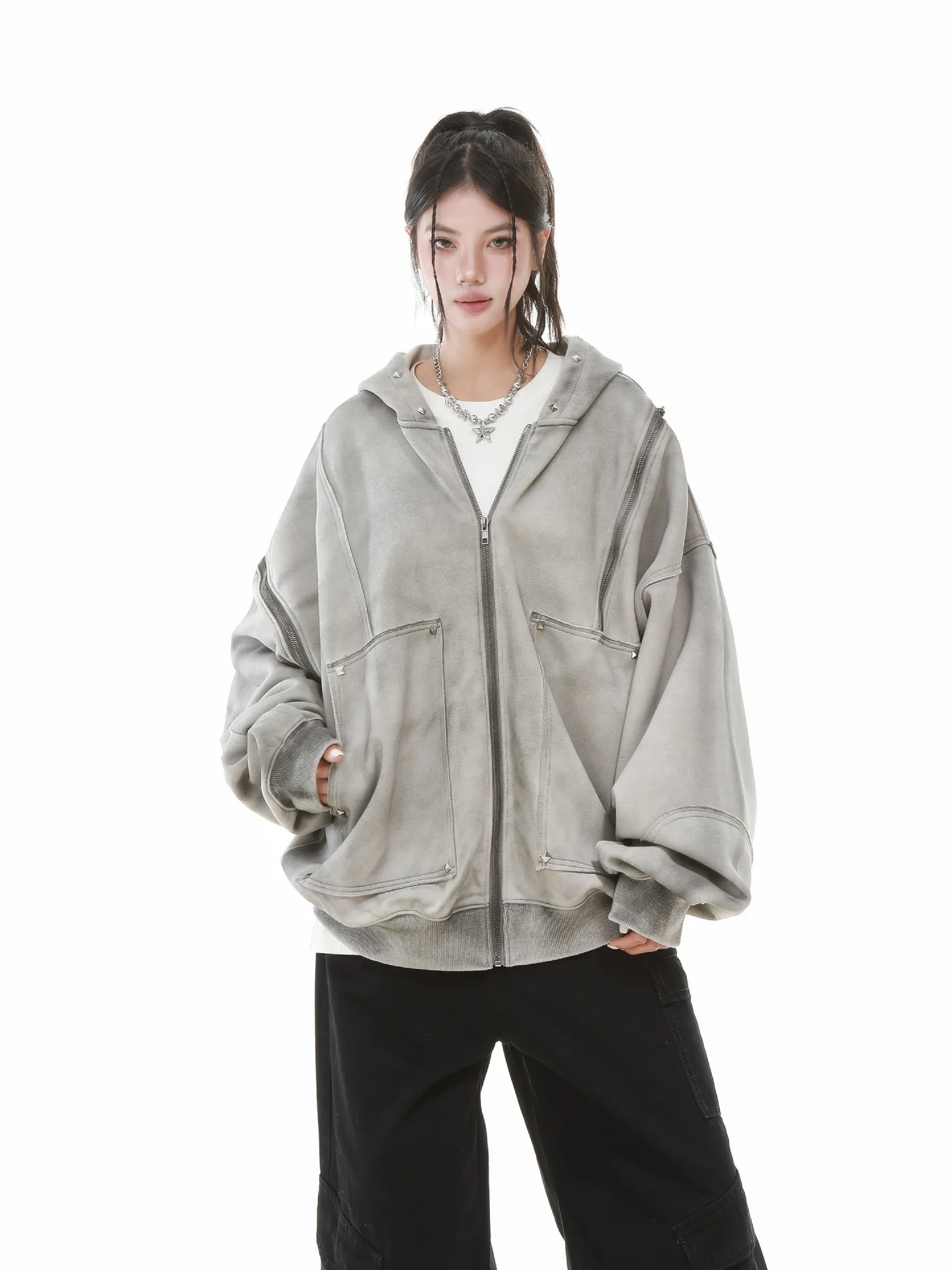Gothic Women Coats with Hoodies American Y2K Retro Harajuku Washed Rivet Zipper Jacket New Autumn Men Hip-hop Hooded Sweatshirt