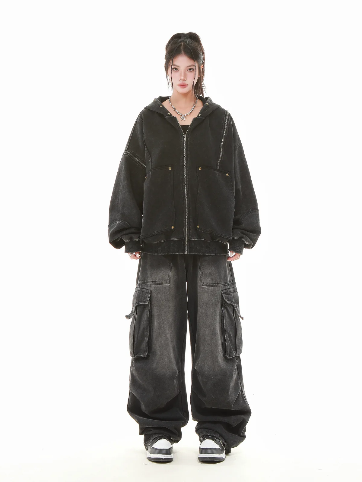 Gothic Women Coats with Hoodies American Y2K Retro Harajuku Washed Rivet Zipper Jacket New Autumn Men Hip-hop Hooded Sweatshirt