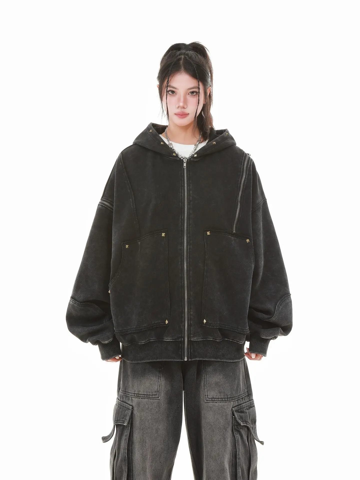 Gothic Women Coats with Hoodies American Y2K Retro Harajuku Washed Rivet Zipper Jacket New Autumn Men Hip-hop Hooded Sweatshirt