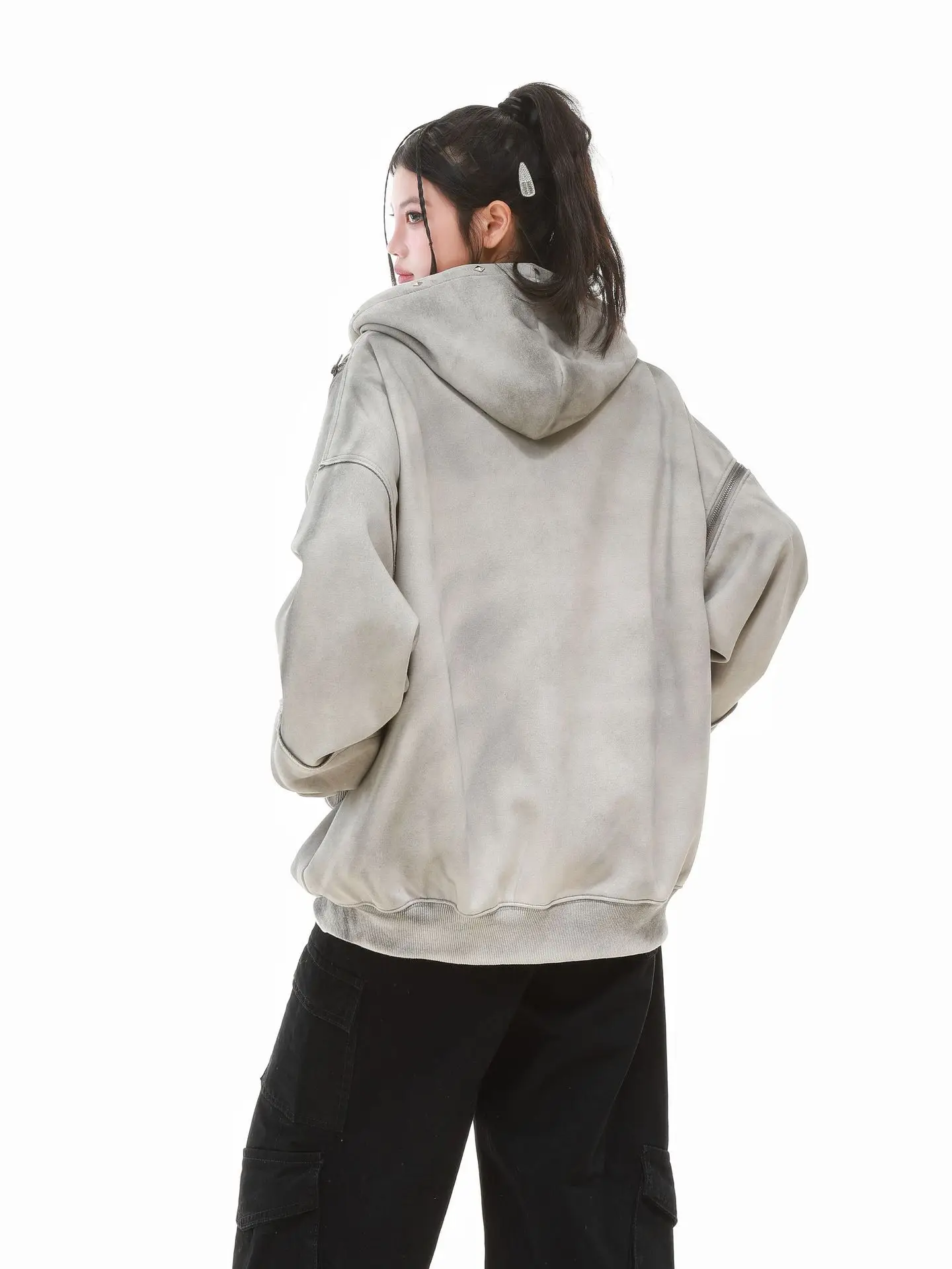 Gothic Women Coats with Hoodies American Y2K Retro Harajuku Washed Rivet Zipper Jacket New Autumn Men Hip-hop Hooded Sweatshirt